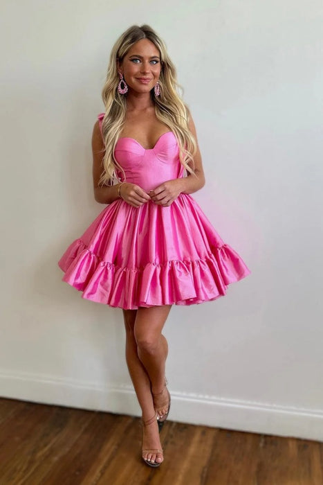 Satin Pink Graduation Dress Aline Short Cocktail Dress with Straps