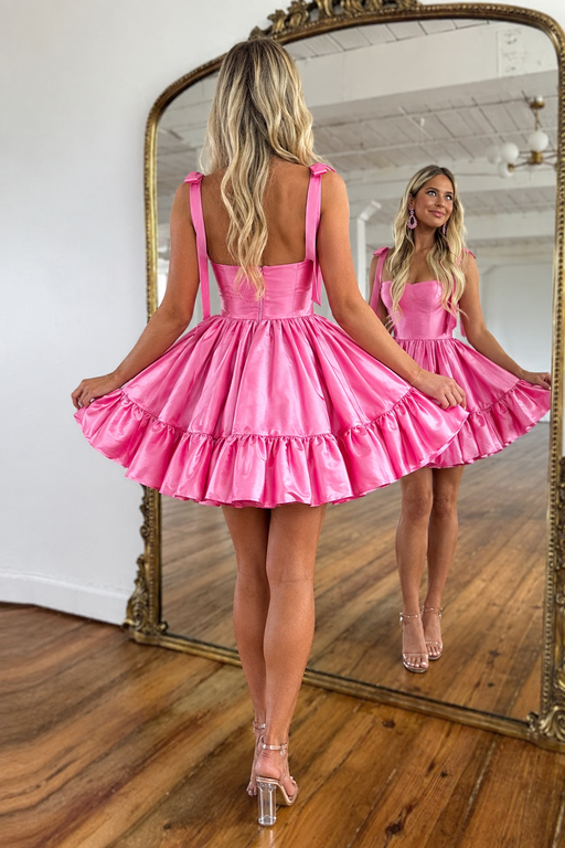 Satin Hot Pink Graduation Dress Aline Short Cocktail Dress with Straps