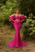 Hot Pink Satin Mermaid Evening Gown Beadings Floor Length Party Dress with puffy Sleeves
