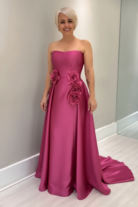 Hot Pink Satin Mother of the Bride Dress Strapless with Flowers - Prom Dresses