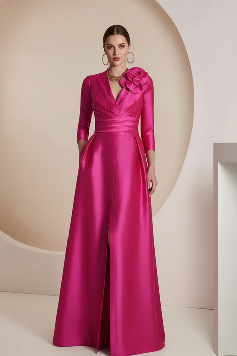 Hot Pink Satin V-Neck Mother of the Bride Dress with 3/4 Sleeves with Split Front