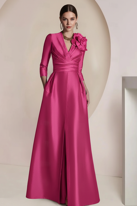 Hot Pink Satin V-Neck Mother of the Bride Dress with 3/4 Sleeves with Split Front
