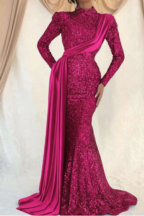 Hot Pink Sequins Long Sleeves High Collar Mermaid Prom Dress with Ruffle