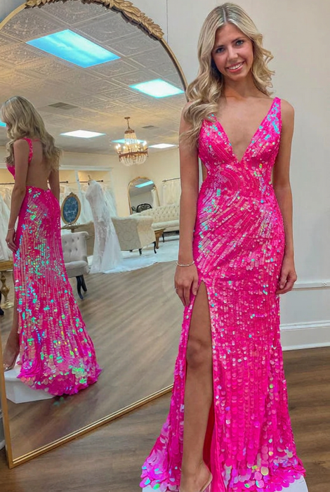 Hot Pink Sequins V Neck Backless Sleeveless High Slit Prom Dress