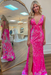 Hot Pink Sequins V Neck Backless Sleeveless High Slit Prom Dress