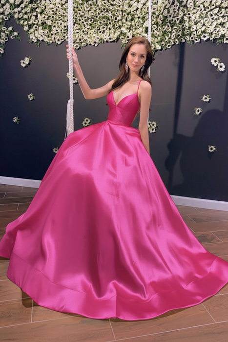 Hot Pink Simple A Line V Neck Backless Yellow Long Prom Dresses