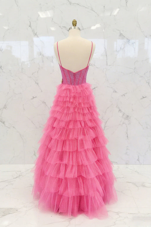 Hot Pink Spaghetti Straps Ruffle A-Line Long Prom Dress