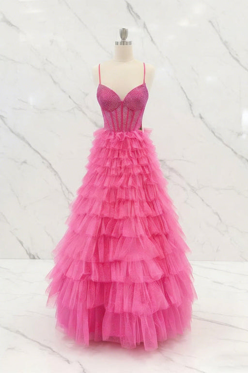 Hot Pink Spaghetti Straps Ruffle A-Line Long Prom Dress