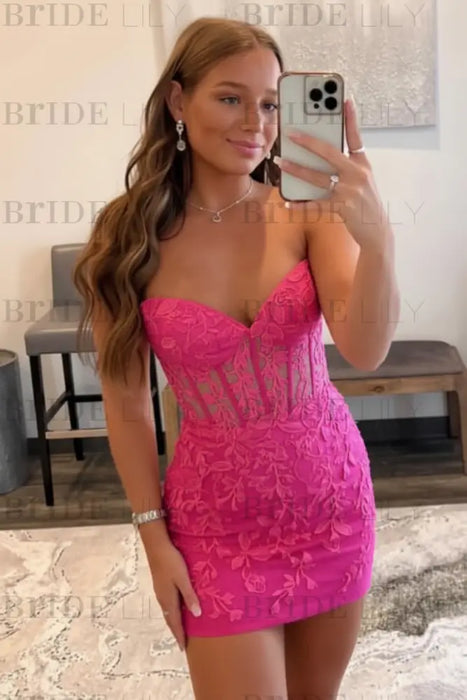 Hot Pink Strapless Beaded Short Lace Prom Dresses Sweetheart Tight Homecoming Dresses
