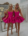Hot Pink Strapless Satin Bubble Homecoming Dress Short with 3D Rose Flower