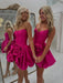 Hot Pink Strapless Satin Bubble Homecoming Dress Short with 3D Rose Flower