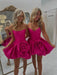 Hot Pink Strapless Satin Bubble Homecoming Dress Short with 3D Rose Flower
