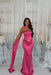 Hot Pink Stunning Satin Mermaid Prom Dress Yellow Beadings with Wrap