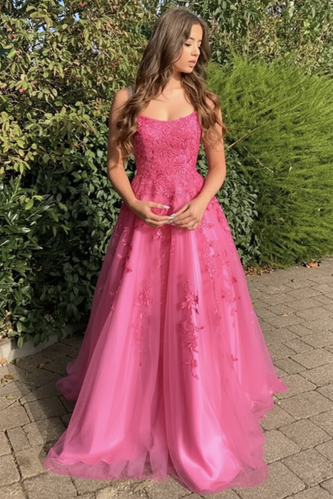 Hot Pink Stylish Lace Long Prom Dress with Spaghetti Straps
