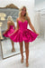 Hot Pink Sweetheart Satin Bubble Homecoming Dress Short with 3D Rose Flower and Open Back