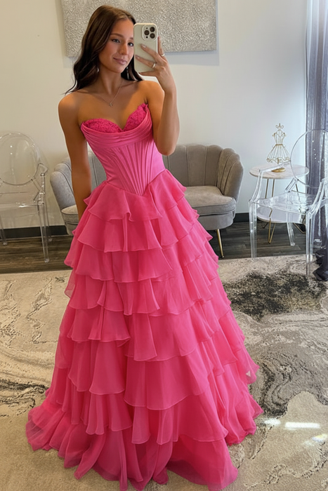 Hot Pink Sweetheart Tiered Corset Aline Evening Dress Ruffle Chiffon Prom Dress with Split - Prom Dresses