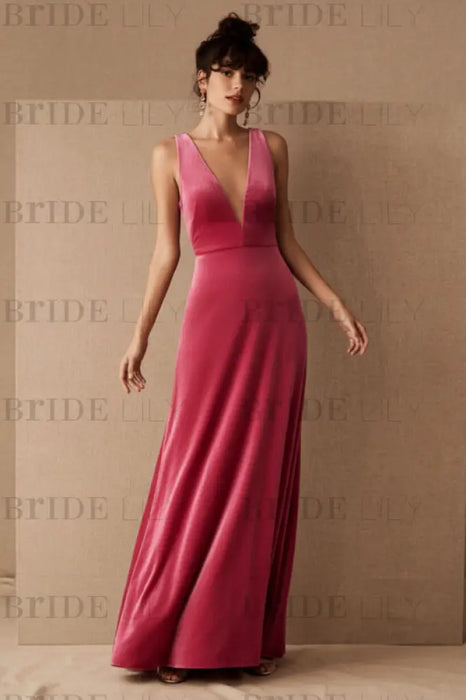 Hot Pink Evening Dress A-Line V-Neck Floor-Length Sleeveless Zipper Velour Formal Dinner Dresses