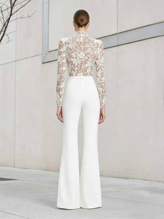 Illusion Floral Lace Mock Neck Wide-Leg Evening Jumpsuit