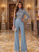 Dusty Blue Illusion Floral Lace Mock Neck Wide-Leg Evening Jumpsuit