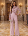 Dusty Rose Illusion Floral Lace Mock Neck Wide-Leg Evening Jumpsuit