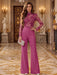 Fuchsia Illusion Floral Lace Mock Neck Wide-Leg Evening Jumpsuit