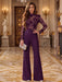 Grape Illusion Floral Lace Mock Neck Wide-Leg Evening Jumpsuit