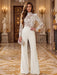 Ivory Illusion Floral Lace Mock Neck Wide-Leg Evening Jumpsuit