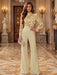 Light Champagne Illusion Floral Lace Mock Neck Wide-Leg Evening Jumpsuit