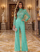 Mint Illusion Floral Lace Mock Neck Wide-Leg Evening Jumpsuit
