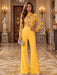 Mustard Yellow Illusion Floral Lace Mock Neck Wide-Leg Evening Jumpsuit