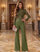 Olive Illusion Floral Lace Mock Neck Wide-Leg Evening Jumpsuit