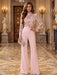 Pink Illusion Floral Lace Mock Neck Wide-Leg Evening Jumpsuit
