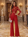 Red Illusion Floral Lace Mock Neck Wide-Leg Evening Jumpsuit