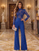 Royal Blue Illusion Floral Lace Mock Neck Wide-Leg Evening Jumpsuit