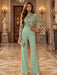 Sage Illusion Floral Lace Mock Neck Wide-Leg Evening Jumpsuit