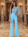 Sky Blue Illusion Floral Lace Mock Neck Wide-Leg Evening Jumpsuit