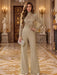 Taupe Illusion Floral Lace Mock Neck Wide-Leg Evening Jumpsuit