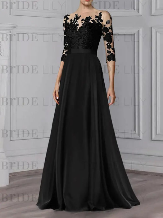 Black illusion lace bodice chiffon mother of the bride a-line dress