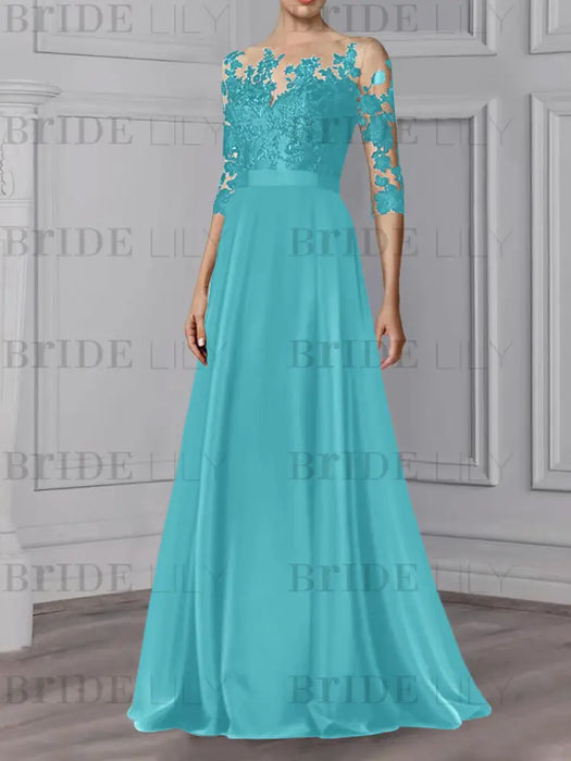 Blue illusion lace bodice chiffon mother of the bride a-line dress
