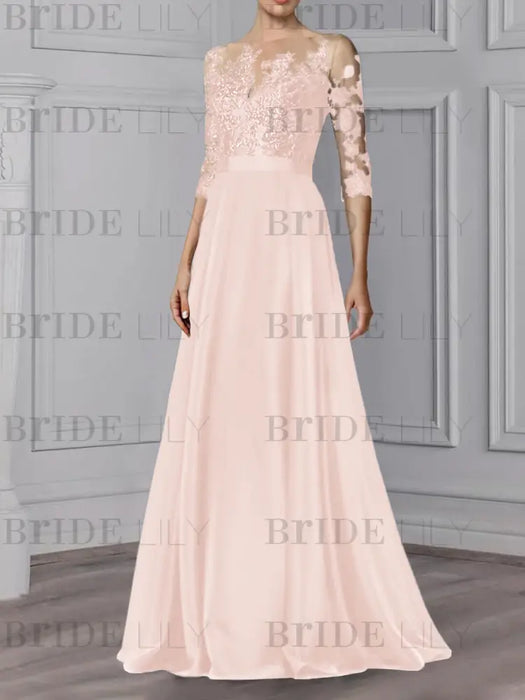 Illusion lace bodice chiffon A-line dress in blush pink