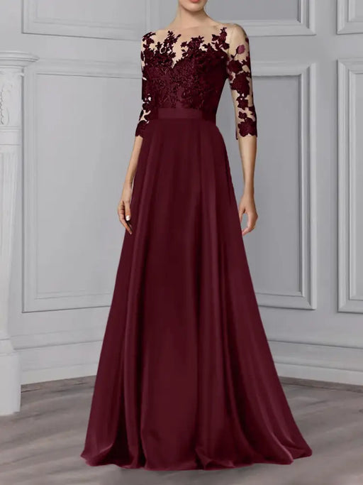 Illusion lace bodice chiffon A-line dress with three-quarter sleeves in burgundy
