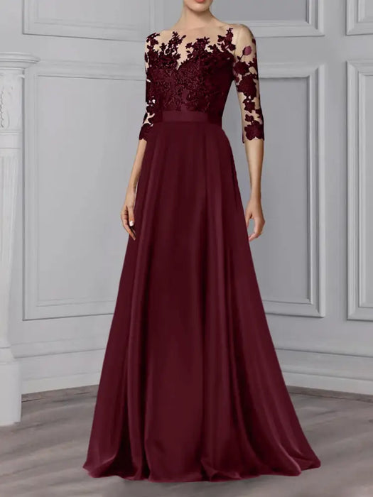 Illusion lace bodice chiffon A-line dress with three-quarter sleeves in burgundy