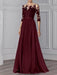 Illusion lace bodice chiffon A-line dress with three-quarter sleeves in burgundy