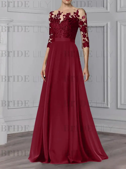 Burgundy illusion lace bodice chiffon mother of the bride a-line dress