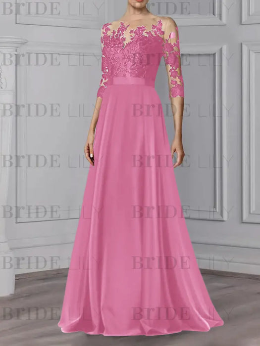 Candy Pink illusion lace bodice chiffon mother of the bride a-line dress