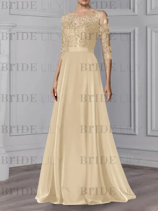 Champagne illusion lace bodice chiffon mother of the bride a-line dress