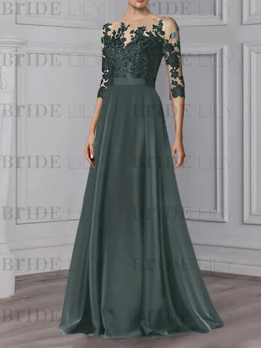 Charcoal Gray illusion lace bodice chiffon mother of the bride a-line dress