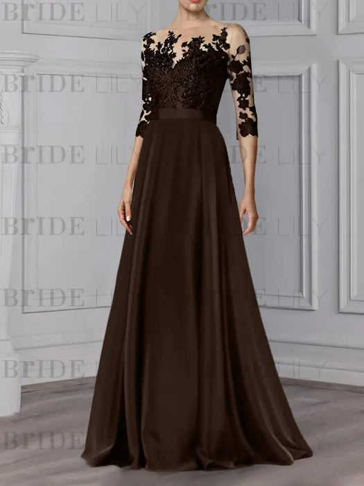 Chocolate illusion lace bodice chiffon mother of the bride a-line dress