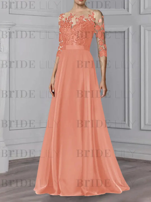 Coral illusion lace bodice chiffon mother of the bride a-line dress