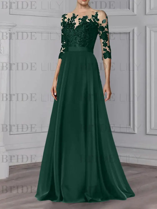 Dark Green illusion lace bodice chiffon mother of the bride a-line dress